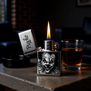 ZORR Feuerzeug silber „Psycho“ – graviertes Benzinfeuerzeug mit Horror-Clown-Motiv
